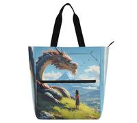 Nexawaveo Borsa impermeabile multiuso con cane del fumetto della chiusura lampo con il sacchetto della spesa del tessuto di Oxford 600D del fiore, Ragazza e drago su Hill Blue, Taglia unica