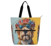 Nexawaveo Borsa impermeabile multiuso con cane del fumetto della chiusura lampo con il sacchetto della spesa del tessuto di Oxford 600D del fiore, Cane del fumetto con il fiore, Taglia unica