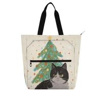 Nexawaveo Borsa impermeabile per pianoforte per lezioni di Natale acquerello verde borsa musicale con tasche con cerniera per spartiti e libri, Albero di Natale Gatto Carino Beige, Taglia unica