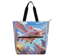 Nexawaveo Borsa multiuso impermeabile con cerniera che vola maiale sopra la città colorata 600D Oxford borsa della spesa