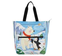 Nexawaveo Borsa multiuso impermeabile con cerniera orso polare e pinguino in paesaggio innevato 600D Oxford borsa della spesa