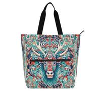 Nexawaveo Borsa multiuso impermeabile con cerniera Sanxingdui Figura Ritratto Blu Rosso 600D Oxford Tessuto Shopping Bag, Tribal Elk Ritratto Multicolore, Taglia unica