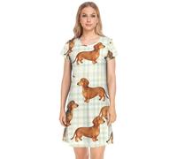 Nexawaveo Camicia da notte da donna a maniche corte, comoda camicia da notte morbida, taglie S-XXL, Cartone animato Bassotti Plaid Verde, S