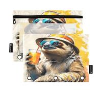 Nexawaveo Cartone animato bradipo con cappello 2 confezioni di astuccio per 3 anelli raccoglitore a cerniera liscia con finestra in PVC trasparente astuccio per forniture scolastiche