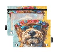 Nexawaveo Cartone animato cane con fiore 2 confezioni di astuccio per 3 anelli raccoglitore a cerniera liscia con finestra in PVC trasparente astuccio per forniture scolastiche