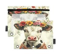 Nexawaveo Cartone animato mucca con fiori luce 2pack matita sacchetto set per 3 anelli raccoglitore cerniera liscia con finestra in PVC trasparente matita caso per forniture scolastiche