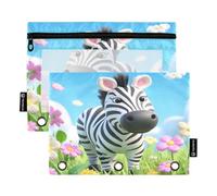 Nexawaveo Cartone animato Zebra tra piante colorate 2 confezioni di astuccio per 3 raccoglitori ad anelli cerniera liscia con finestra in PVC trasparente astuccio per forniture scolastiche
