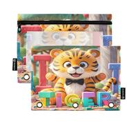 Nexawaveo Chibi Tigers - Set di 2 astucci multicolore per raccoglitori a 3 anelli, cerniera liscia, con finestra in PVC trasparente, per articoli scolastici