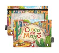 Nexawaveo Cinco De Mayo Street Scene - Set di 2 astucci per raccoglitori a 3 anelli, con cerniera liscia e finestra in PVC trasparente, per articoli scolastici