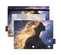 Nexawaveo Cosmic Lady - Set di 2 astucci per raccoglitori a 3 anelli, con cerniera liscia e finestra in PVC trasparente, per articoli scolastici