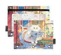Nexawaveo Cozy Cat, set di 2 astucci multicolore per raccoglitori a 3 anelli, cerniera liscia con finestra in PVC trasparente, astuccio per cancelleria scolastica