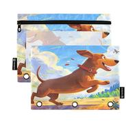 Nexawaveo Dachshund Running in Wild - Set di 2 astucci per raccoglitori a 3 anelli, cerniera liscia, con finestra in PVC trasparente, astuccio per articoli scolastici