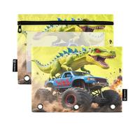 Nexawaveo Dino Monster Truck - Set di 2 astucci per raccoglitori a 3 anelli, con cerniera liscia e finestra in PVC trasparente, per articoli scolastici