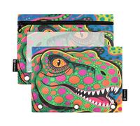 Nexawaveo Dot Art Dinosaur - Set di 2 astucci per raccoglitori a 3 anelli, cerniera liscia con finestra in PVC trasparente, per forniture scolastiche