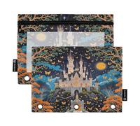 Nexawaveo Dreamy Castle Night, set di 2 astucci per raccoglitori a 3 anelli, cerniera liscia, con finestra in PVC trasparente, astuccio per articoli scolastici