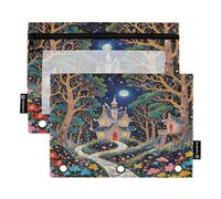 Nexawaveo Enchanted Castle Night, set di 2 astucci per raccoglitori a 3 anelli, cerniera liscia, con finestra in PVC trasparente, astuccio per articoli scolastici
