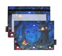 Nexawaveo Enchanted Forest Night, set di 2 astucci per raccoglitori a 3 anelli, cerniera liscia, con finestra in PVC trasparente, astuccio per articoli scolastici