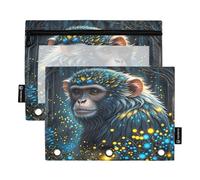 Nexawaveo Enchanted Monkey Blue Forest - Set di 2 astucci per raccoglitori a 3 anelli, cerniera liscia, con finestra in PVC trasparente, per articoli scolastici