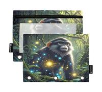 Nexawaveo Enchanted Monkey Forest - Set di 2 astucci per raccoglitori a 3 anelli, cerniera liscia, con finestra in PVC trasparente, astuccio per articoli scolastici