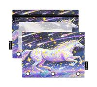 Nexawaveo Enchanted Unicorns Galaxy - Set di 2 astucci per raccoglitori a 3 anelli, con cerniera liscia e finestra in PVC trasparente, per articoli scolastici