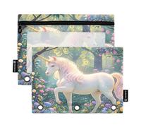 Nexawaveo Enchanted Unicorns - Set di 2 astucci per raccoglitori a 3 anelli, con cerniera liscia, con finestra in PVC trasparente, per articoli scolastici