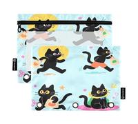 Nexawaveo Energetic Cats - Set di 2 astucci per raccoglitori a 3 anelli, con cerniera liscia e finestra in PVC trasparente, per articoli scolastici, colore: azzurro