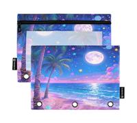 Nexawaveo Fantasy Beach Night - Set di 2 astucci per raccoglitori a 3 anelli, con cerniera liscia e finestra in PVC trasparente, per forniture scolastiche