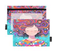 Nexawaveo Fantasy Hair Lady, set di 2 astucci per matite per raccoglitori a 3 anelli, cerniera liscia con finestra in PVC trasparente, astuccio per articoli scolastici