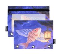 Nexawaveo Fantasy Koi Fish Night, set di 2 astucci per raccoglitori a 3 anelli, cerniera liscia, con finestra in PVC trasparente, astuccio per articoli scolastici