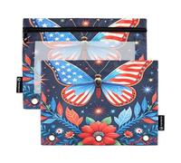Nexawaveo Festive Butterfly Navy - Set di 2 astucci per raccoglitori a 3 anelli, cerniera liscia, con finestra in PVC trasparente, per articoli scolastici