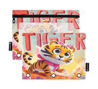 Nexawaveo Festive Tigers - Set di 2 astucci multicolore per raccoglitori a 3 anelli, cerniera liscia, con finestra in PVC trasparente, per articoli scolastici