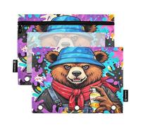 Nexawaveo Graffiti Bear - Set di 2 astucci multicolore per raccoglitori a 3 anelli, cerniera liscia con finestra in PVC trasparente, astuccio per articoli scolastici
