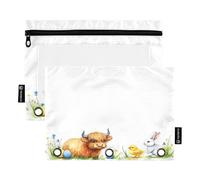 Nexawaveo Highland Cow Chick Rabbit - Set di 2 astucci per raccoglitori a 3 anelli, con cerniera liscia e finestra in PVC trasparente, per articoli scolastici