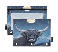 Nexawaveo Highland Cow Nightsky, set di 2 astucci per raccoglitori a 3 anelli, cerniera liscia con finestra in PVC trasparente, astuccio per articoli scolastici