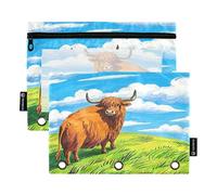 Nexawaveo Highland Cow on Green Hill, set di 2 astucci per raccoglitori a 3 anelli, cerniera liscia, con finestra in PVC trasparente, astuccio per articoli scolastici