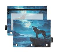 Nexawaveo Howling Wolf - Set di 2 astucci per raccoglitori a 3 anelli, con cerniera liscia e finestra in PVC trasparente, per articoli scolastici, colore: blu