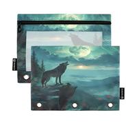 Nexawaveo Howling Wolf - Set di 2 astucci per raccoglitori a 3 anelli, con cerniera liscia e finestra in PVC trasparente, per articoli scolastici