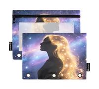 Nexawaveo Lady Glod - Set di 2 astucci per raccoglitori a 3 anelli, con cerniera liscia e finestra in PVC trasparente, per articoli scolastici
