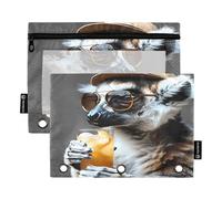 Nexawaveo Lemur with Drink, set di 2 astucci grigi per raccoglitori a 3 anelli, cerniera liscia con finestra in PVC trasparente, astuccio per articoli scolastici