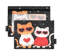 Nexawaveo Love Cats on Dark - Set di 2 astucci per raccoglitori a 3 anelli, cerniera liscia, con finestra in PVC trasparente, per articoli scolastici