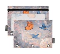 Nexawaveo Mystical Birds Dark - Set di 2 astucci per raccoglitori a 3 anelli, con cerniera liscia e finestra in PVC trasparente, per articoli scolastici