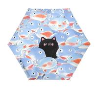 Nexawaveo Piccolo ombrello antivento da viaggio Cartoon gatto nero tra i pesci compatto leggero pieghevole automatico pioggia e sole ombrello