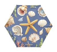 Nexawaveo Piccolo ombrello antivento da viaggio con conchiglie e stelle marine blu compatto leggero pieghevole automatico pioggia e sole ombrello