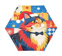 Nexawaveo Piccolo ombrello antivento da viaggio con gatto cartone animato natalizio multicolore compatto leggero pieghevole automatico pioggia e sole ombrello