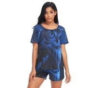 Nexawaveo Pigiama da donna a maniche corte con tasche, stile casual, taglie S-XXL, Blu Navy Gufo Scuro, M