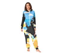 Nexawaveo Pigiama intero in pile ultra morbido per adulti con fiori rossi vivaci bianchi accogliente con cappuccio con tasca, Cartone animato gatto nero sulla spiaggia, XX-Large