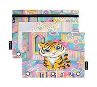 Nexawaveo Playful Tigers - Set di 2 astucci multicolore per raccoglitori a 3 anelli, cerniera liscia, con finestra in PVC trasparente, per articoli scolastici