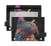 Nexawaveo Psychedelic Cat Profile Black 2Pack Pencil Pouch Set per 3 raccoglitori ad anelli, cerniera liscia con finestra in PVC trasparente, astuccio per cancelleria scolastica