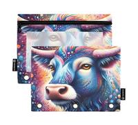 Nexawaveo Psychedelic Highland Cow Vivid - Set di 2 astucci per raccoglitori a 3 anelli, cerniera liscia, con finestra in PVC trasparente, astuccio per cancelleria scolastica