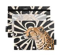 Nexawaveo Radiant Leopard BlackWhite - Set di 2 astucci per raccoglitori a 3 anelli, cerniera liscia con finestra in PVC trasparente, astuccio per articoli scolastici